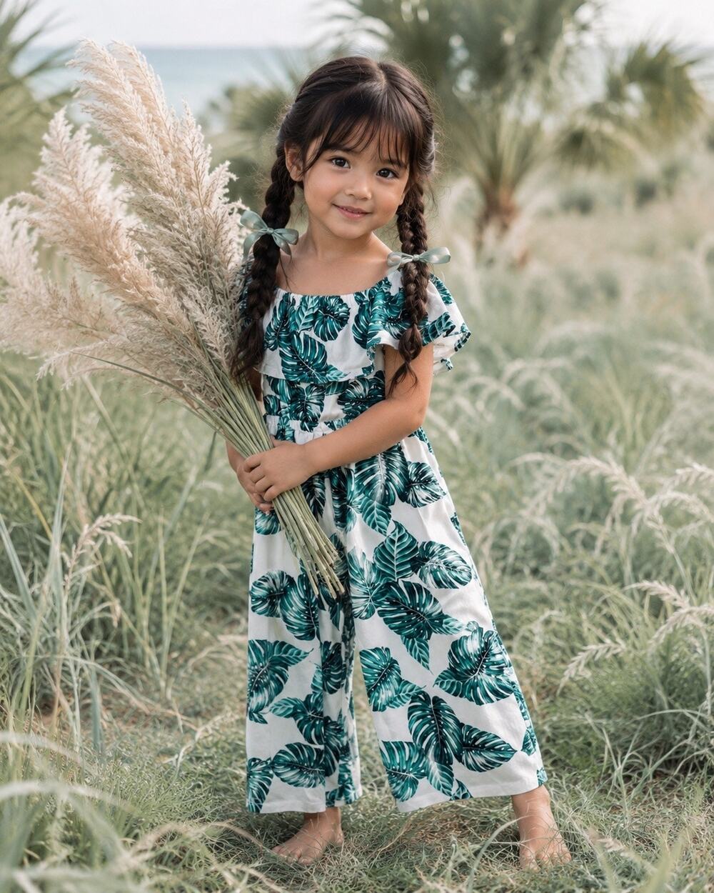 Off Shoulder Monstera leaf Flowy Romper Jumpsuit 3